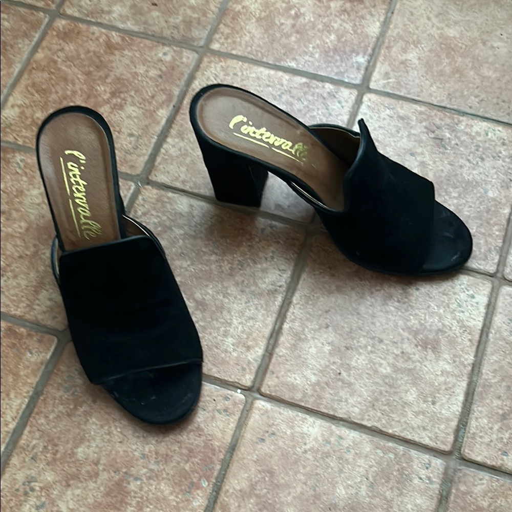 Slide on black suede heels